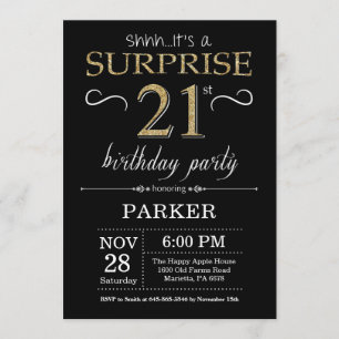 Surprise 21st Birthday Invitation Black and Gold