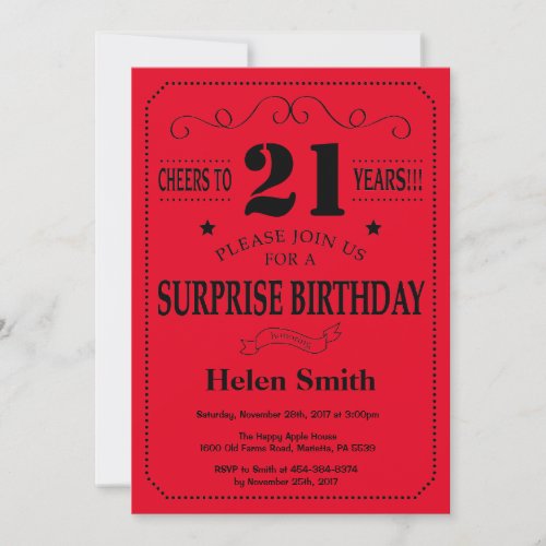 Surprise 21st Birthday Invitation Black and Red