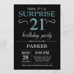 Surprise 21st Birthday Invitation Black and Teal