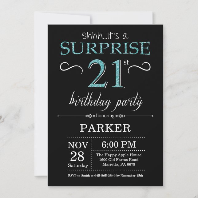 Surprise 21st Birthday Invitation Black and Teal (Front)