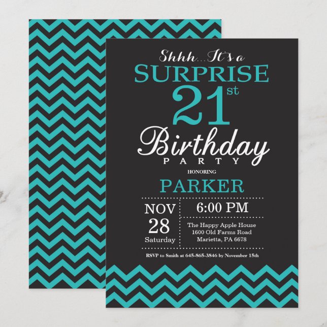 Surprise 21st Birthday Invitation Black and Teal (Front/Back)