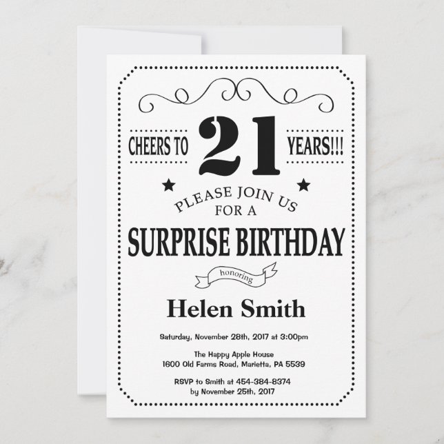 Surprise 21st Birthday Invitation Black and White (Front)