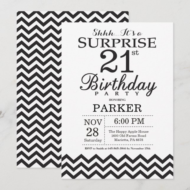 Surprise 21st Birthday Invitation Black Chevron (Front/Back)