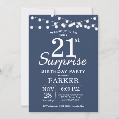 Surprise 21st Birthday Invitation Blue