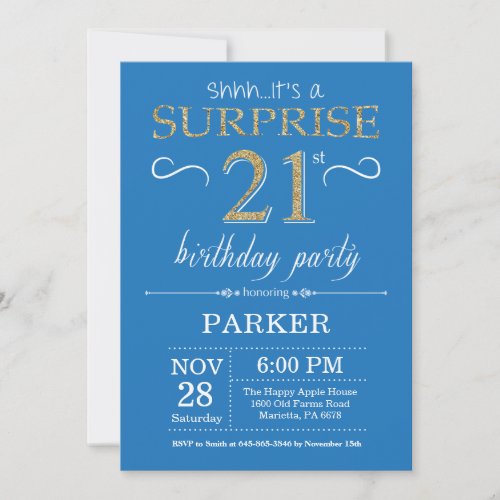 Surprise 21st Birthday Invitation Blue and Gold