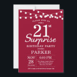 Surprise 21st Birthday Invitation Burgundy Red<br><div class="desc">Surprise 21st Birthday Invitation with String Lights. Burgundy Red Background. 13th 15th 16th 18th 20th 21st 30th 40th 50th 60th 70th 80th 90th 100th,  Any age. For further customization,  please click the "Customize it" button and use our design tool to modify this template.</div>