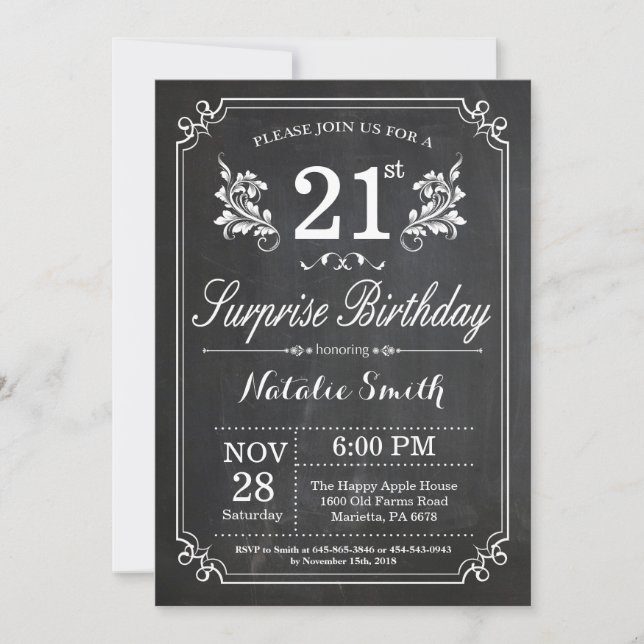 Surprise 21st Birthday Invitation Chalkboard (Front)