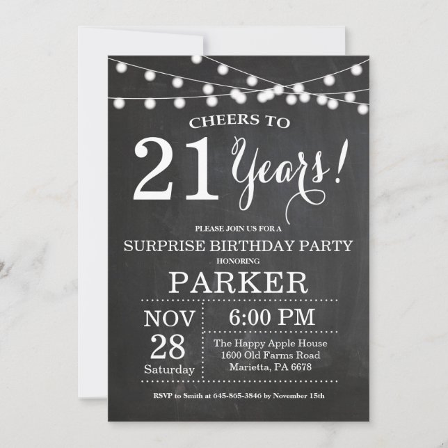Surprise 21st Birthday Invitation Chalkboard (Front)