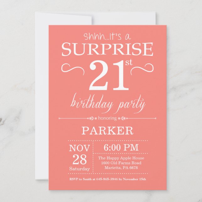 Surprise 21st Birthday Invitation Coral (Front)