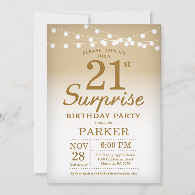 Surprise 21st Birthday Invitation Gold (Front)