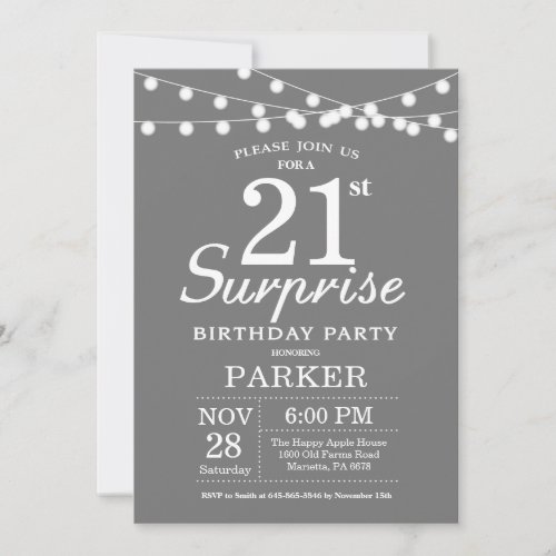 Surprise 21st Birthday Invitation Gray and White