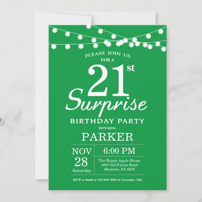 Surprise 21st Birthday Invitation Green (Front)