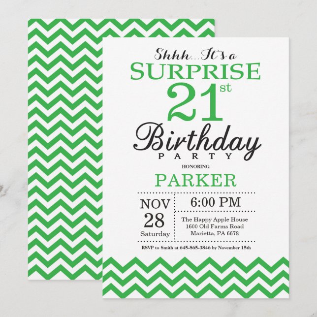 Surprise 21st Birthday Invitation Green Chevron (Front/Back)