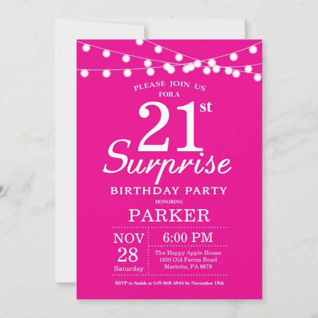 Surprise 21st Birthday Invitation Hot Pink (Front)
