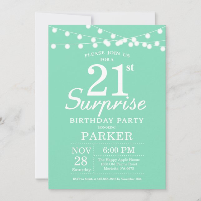 Surprise 21st Birthday Invitation Mint Green (Front)