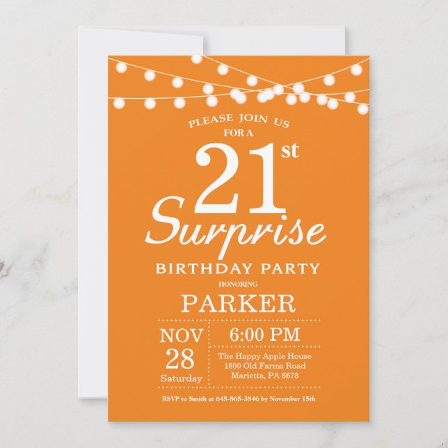 Surprise 21st Birthday Invitation Orange (Front)