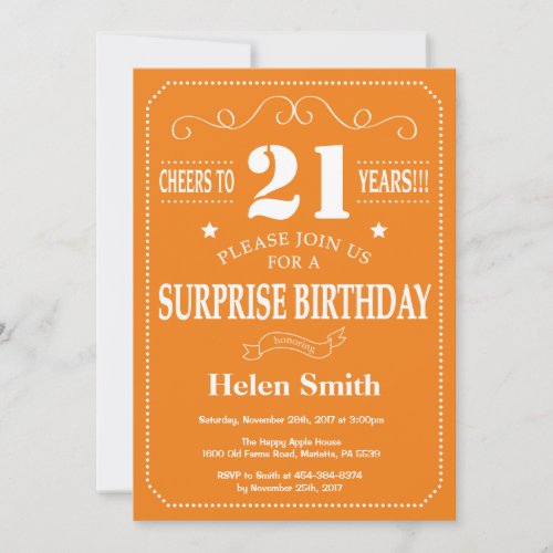 Surprise 21st Birthday Invitation Orange and White
