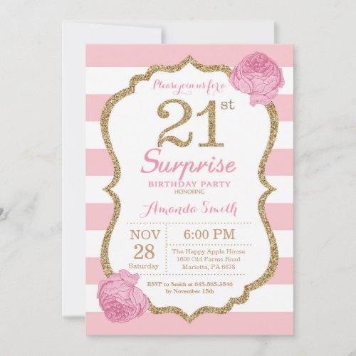 Surprise 21st Birthday Invitation Pink and Gold