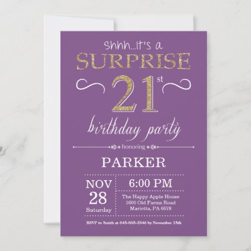 Surprise 21st Birthday Invitation Purple and Gold