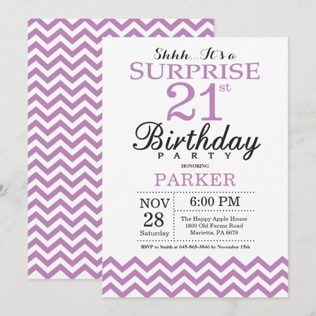 Surprise 21st Birthday Invitation Purple Chevron (Front/Back)