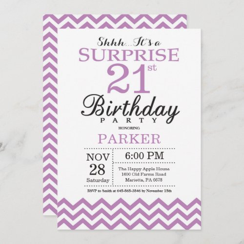 Surprise 21st Birthday Invitation Purple Chevron