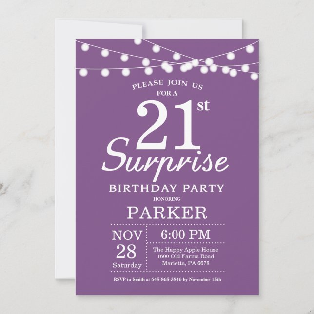 Surprise 21st Birthday Invitation Purple Lavender (Front)