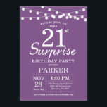 Surprise 21st Birthday Invitation Purple Lavender<br><div class="desc">Surprise 21st Birthday Invitation with String Lights. Purple Lavender Lilac Background. Women Female Lady Elegant Modern bday. 13th 15th 16th 18th 20th 21st 30th 40th 50th 60th 70th 80th 90th 100th, Any age. For further customization, please click the "Customize it" button and use our design tool to modify this template....</div>