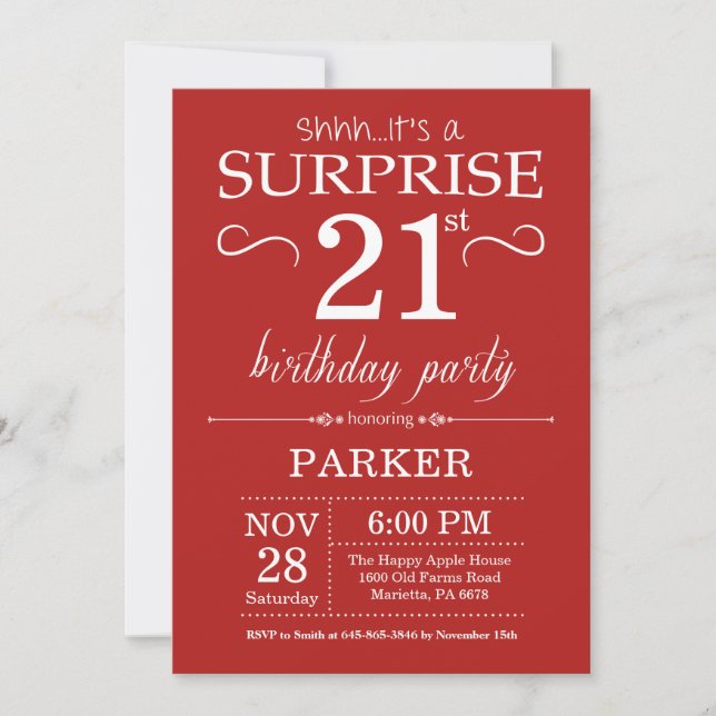 Surprise 21st Birthday Invitation Red (Front)