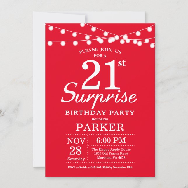 Surprise 21st Birthday Invitation Red (Front)