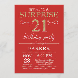 Surprise 21st Birthday Invitation Red and Gold