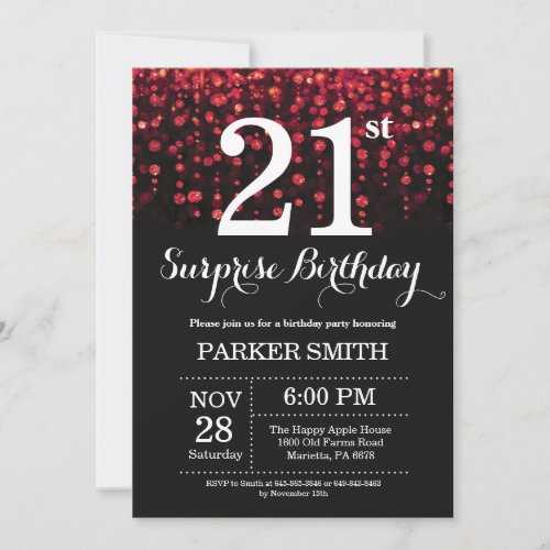 Surprise 21st Birthday Invitation Red Glitter