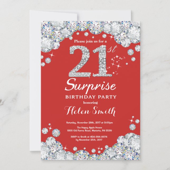 Surprise 21st Birthday Invitation Silver Diamond (Front)