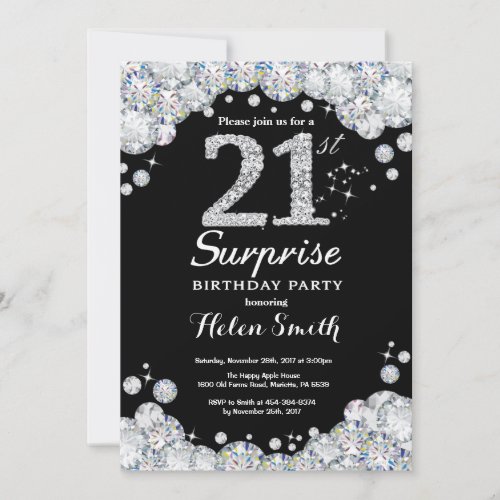 Surprise 21st Birthday Invitation Silver Diamond