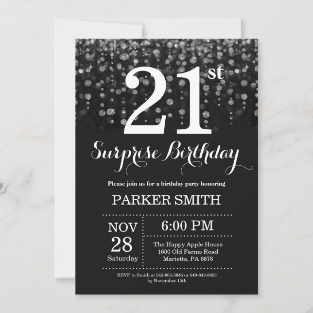 Surprise 21st Birthday Invitation Silver Glitter (Front)