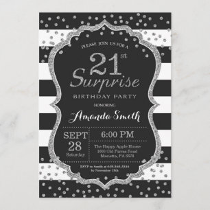 Surprise 21st Birthday Invitation. Silver Glitter Invitation