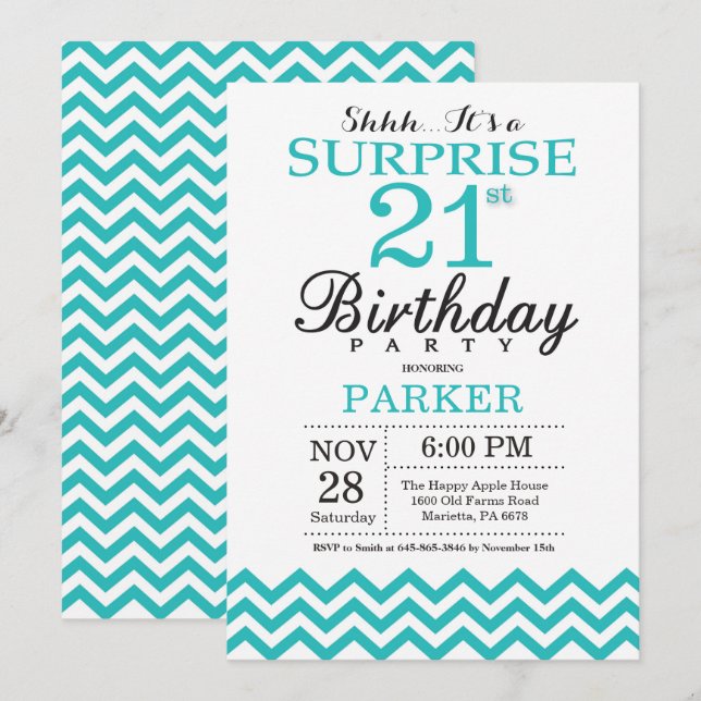 Surprise 21st Birthday Invitation Teal Chevron (Front/Back)
