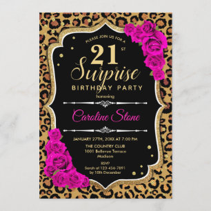 Surprise 21st Birthday - Leopard Black Gold Pink Invitation