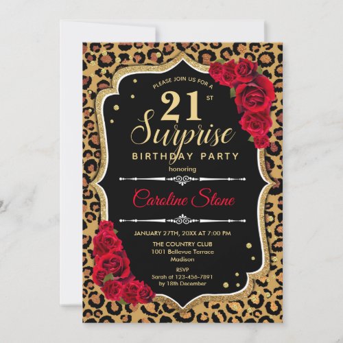 Surprise 21st Birthday _ Leopard Black Gold Red Invitation