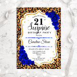 Surprise 21st Birthday - Leopard Gold Royal Blue Invitation<br><div class="desc">Surprise 21st Birthday Invitation.
Feminine royal blue,  white design with faux glitter gold. Features animal leopard cheetah pattern,  sapphire blue roses,  script font and confetti. Perfect for an elegant birthday party. Can be personalized to show any age. Message me if you need further customization.</div>
