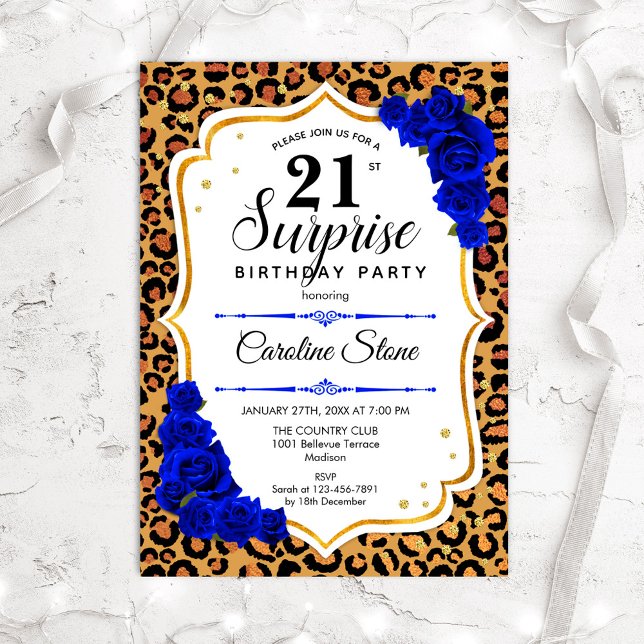 Surprise 21st Birthday - Leopard Gold Royal Blue Invitation (Creator Uploaded)