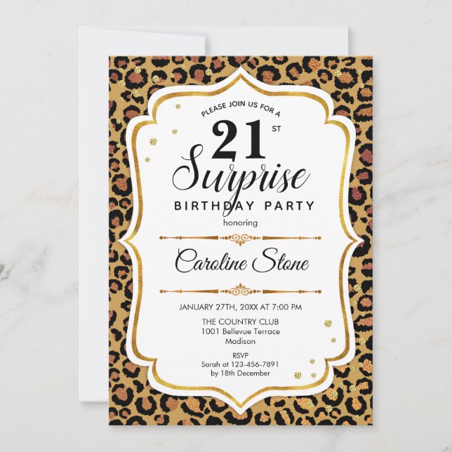 Surprise 21st Birthday - Leopard Gold White Invitation (Front)