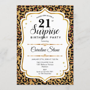 Surprise 21st Birthday - Leopard Gold White Invitation