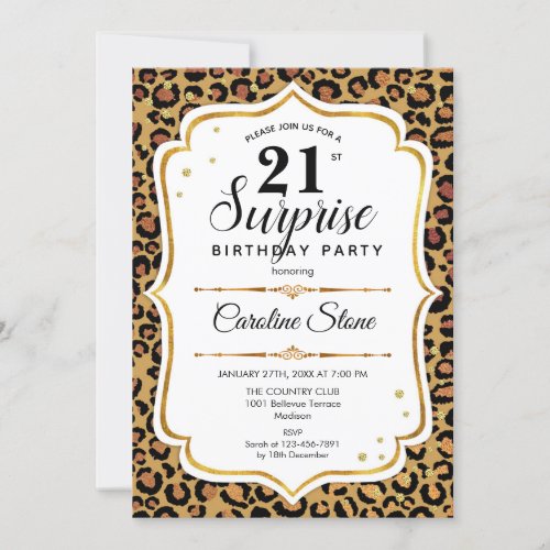 Surprise 21st Birthday _ Leopard Gold White Invitation