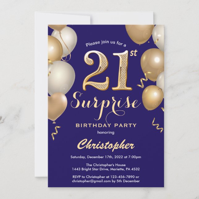 Surprise 21st Birthday Navy Blue and Gold Balloons Invitation (Front)