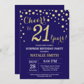 Surprise 21st Birthday Navy Blue and Gold Diamond Invitation (Front/Back)