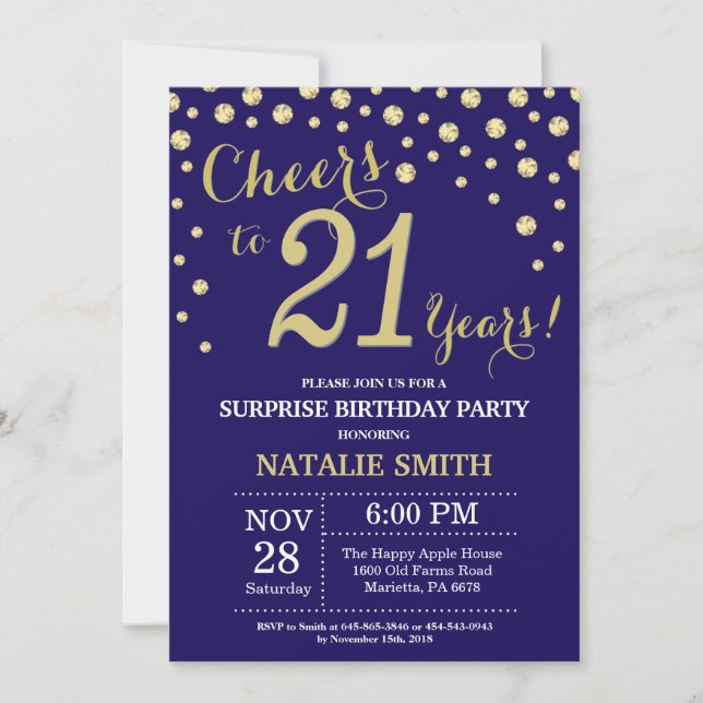 Surprise 21st Birthday Navy Blue and Gold Diamond Invitation (Front)
