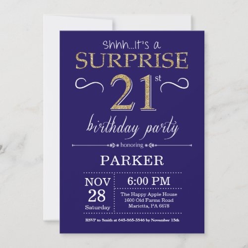 Surprise 21st Birthday Navy Blue and Gold Glitter