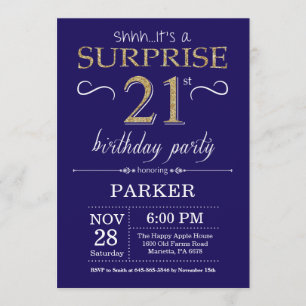 Surprise 21st Birthday Navy Blue and Gold Glitter Invitation
