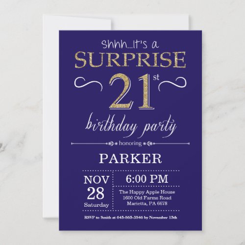 Surprise 21st Birthday Navy Blue and Gold Glitter Invitation