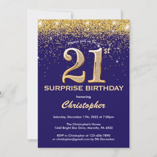 Surprise 21st Birthday Navy Blue and Gold Glitter Invitation